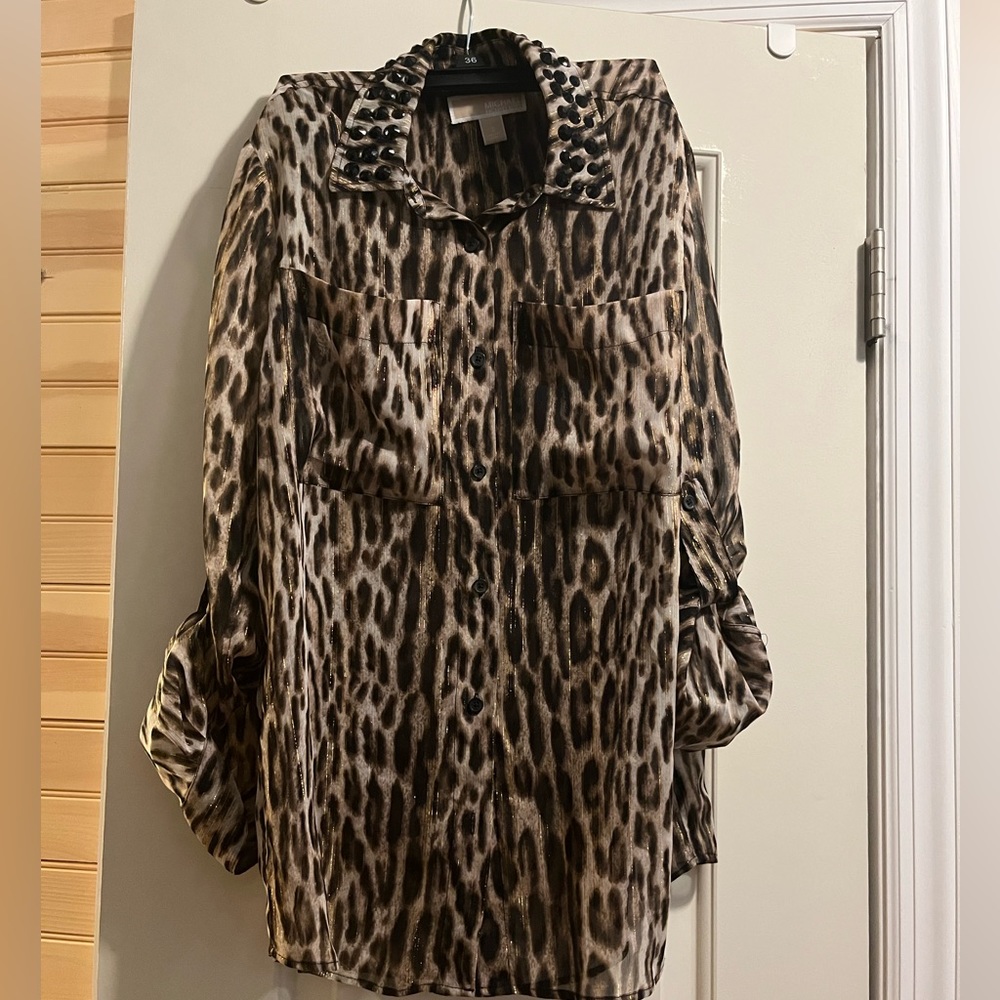 Michael Kors leopard sheer blouse with studded color.